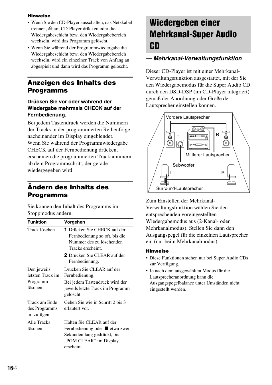 Wiedergeben einer mehrkanal-super audio cd, Mehrkanal-verwaltungsfunktion, Anzeigen des inhalts des programms | Ändern des inhalts des programms | Sony SCD-XA1200ES User Manual | Page 66 / 104