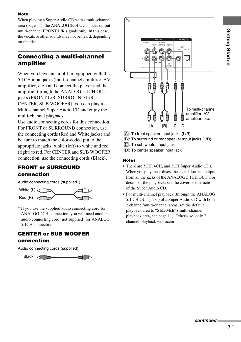 Connecting a multi-channel amplifier, Getting star ted 7, Front or surround connection | Center or sub woofer connection, Continued | Sony SCD-XA1200ES User Manual | Page 7 / 104