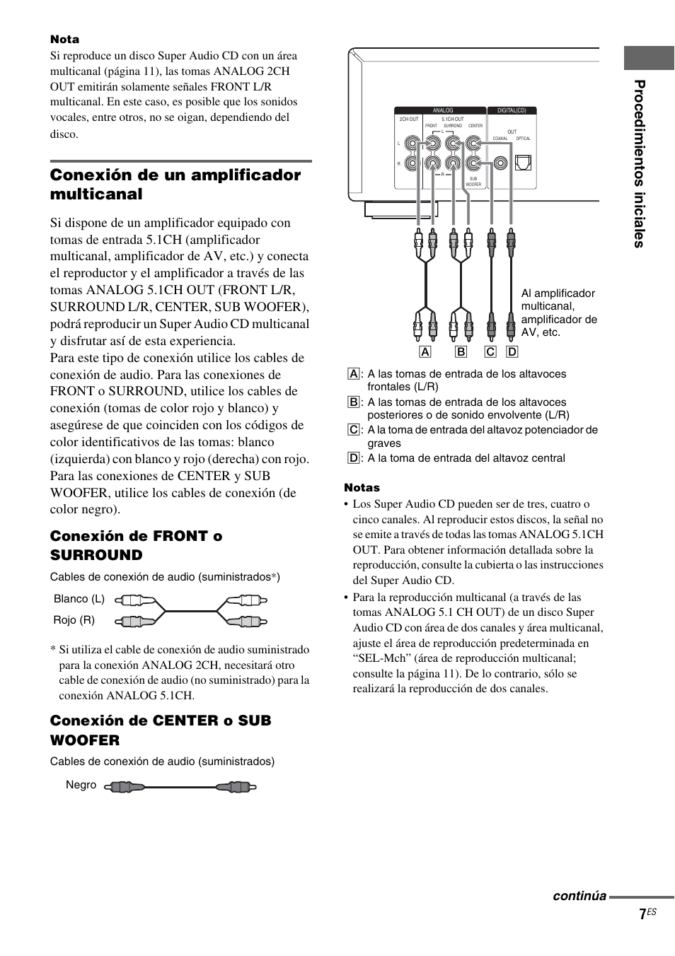 Conexión de un amplificador multicanal, Pro c ed imient os in iciales 7, Conexión de front o surround | Conexión de center o sub woofer, Continúa | Sony SCD-XA1200ES User Manual | Page 83 / 104