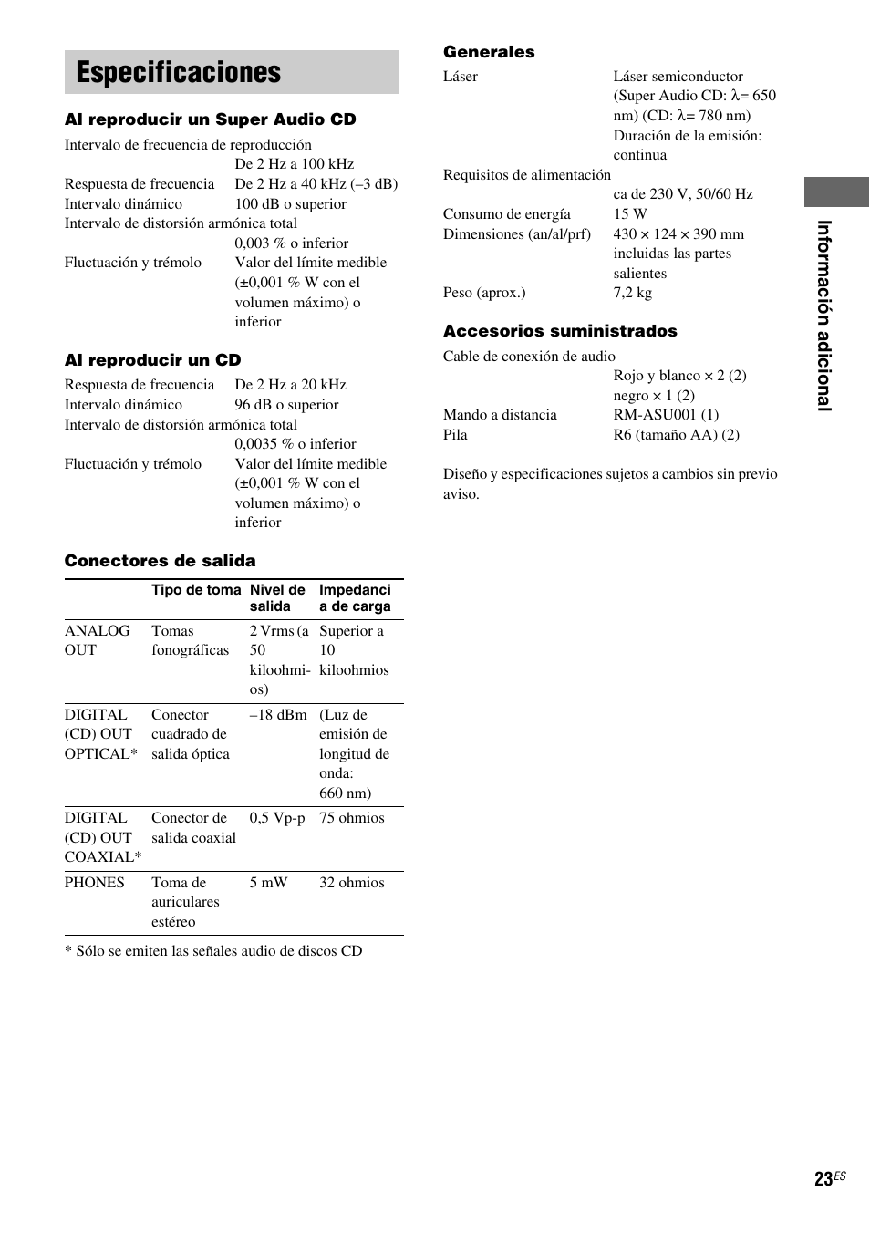 Especificaciones | Sony SCD-XA1200ES User Manual | Page 99 / 104