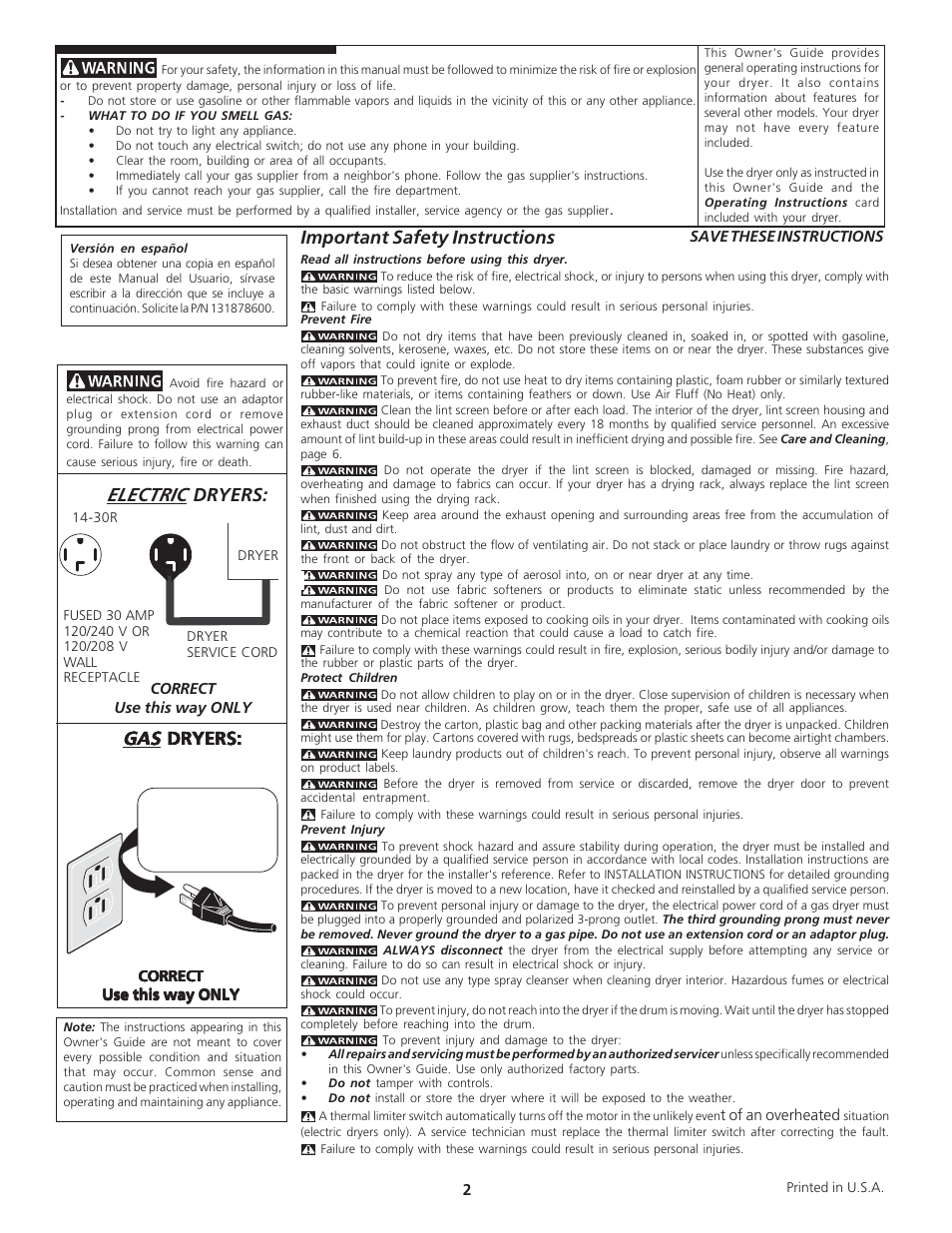 Electric, Important safety instructions, Dryers | Electrolux Dryer 13467-1200 (0512) User Manual | Page 2 / 7