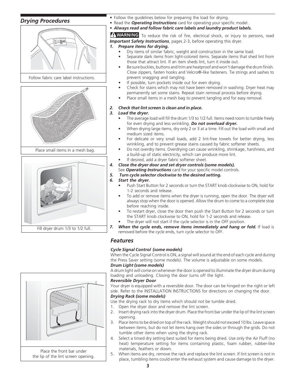 Drying procedures, Features | Electrolux Dryer 13467-1200 (0512) User Manual | Page 3 / 7