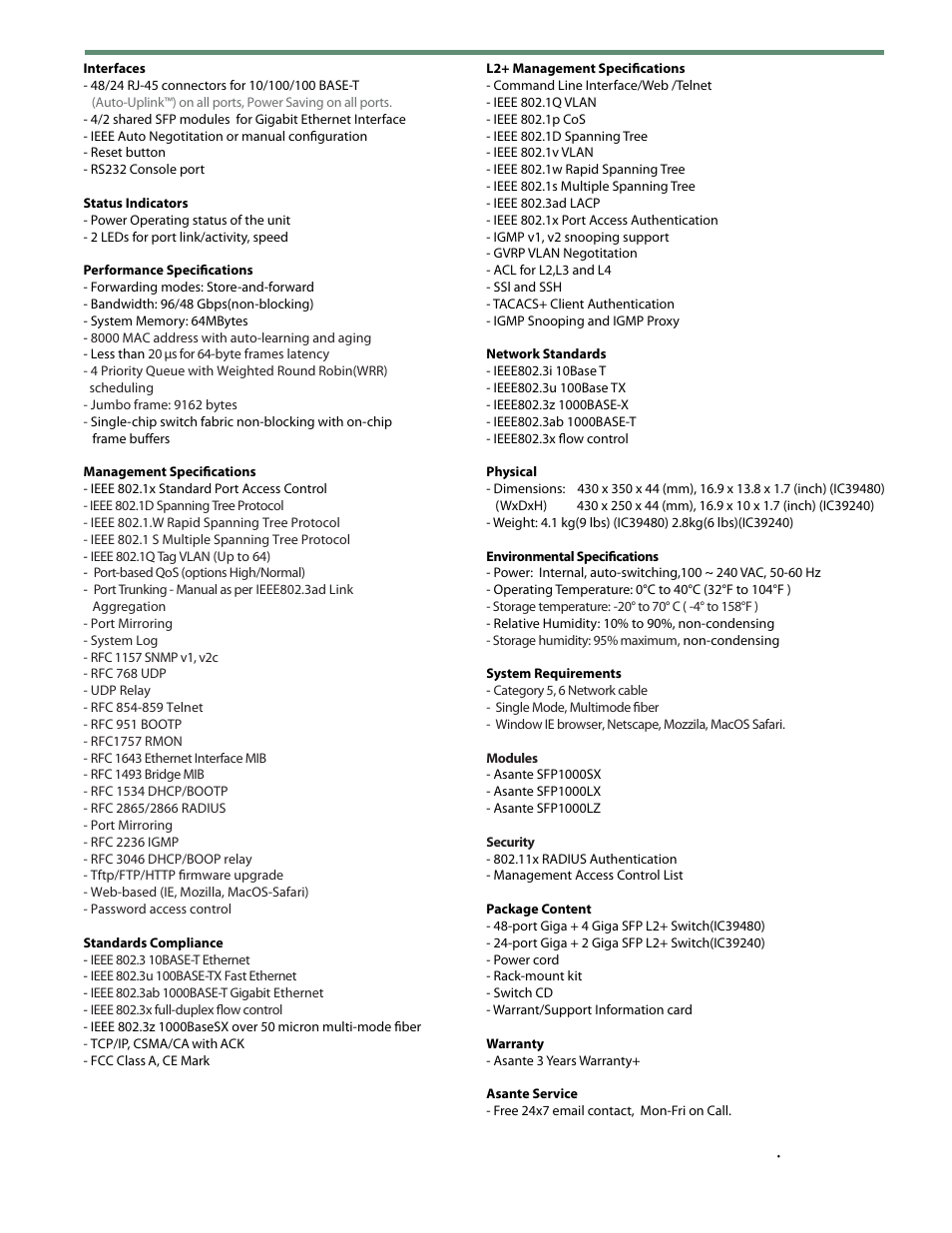 Ic39480_ds_02_040208, Technical specifications | Asante Technologies IntraCore IC39480 User Manual | Page 2 / 3