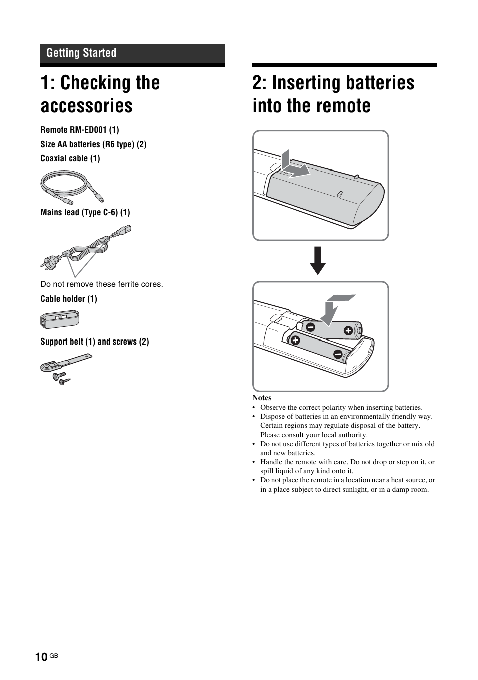 Getting started, Checking the accessories, Inserting batteries into the remote | Sony KDL-V32A11E User Manual | Page 10 / 192