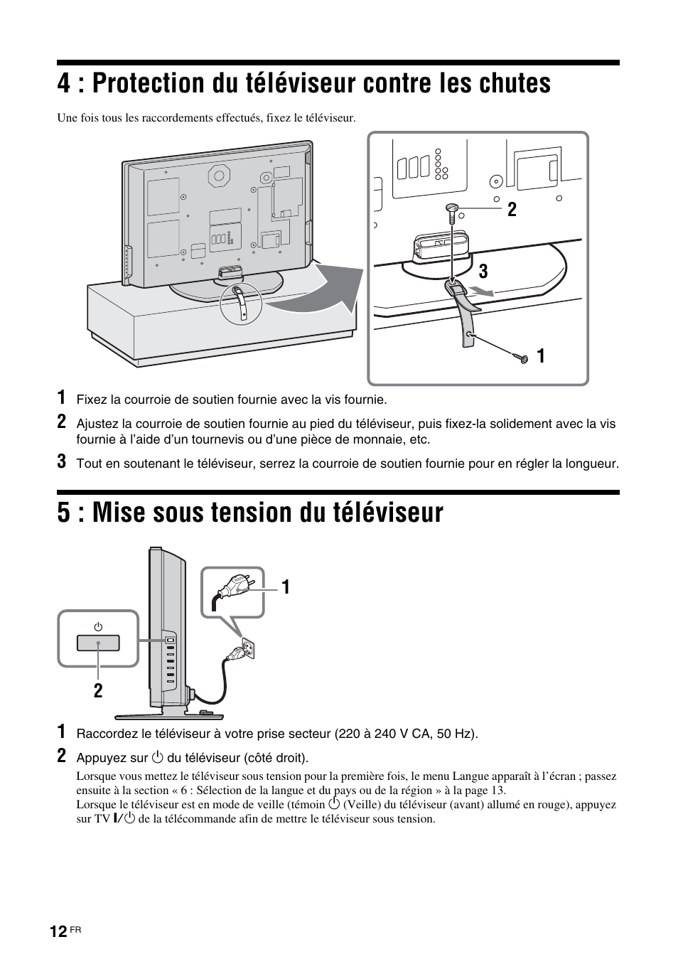 4 : protection du téléviseur contre les chutes, 5 : mise sous tension du téléviseur, 4 : protection du téléviseur contre les | Chutes | Sony KDL-V32A11E User Manual | Page 104 / 192