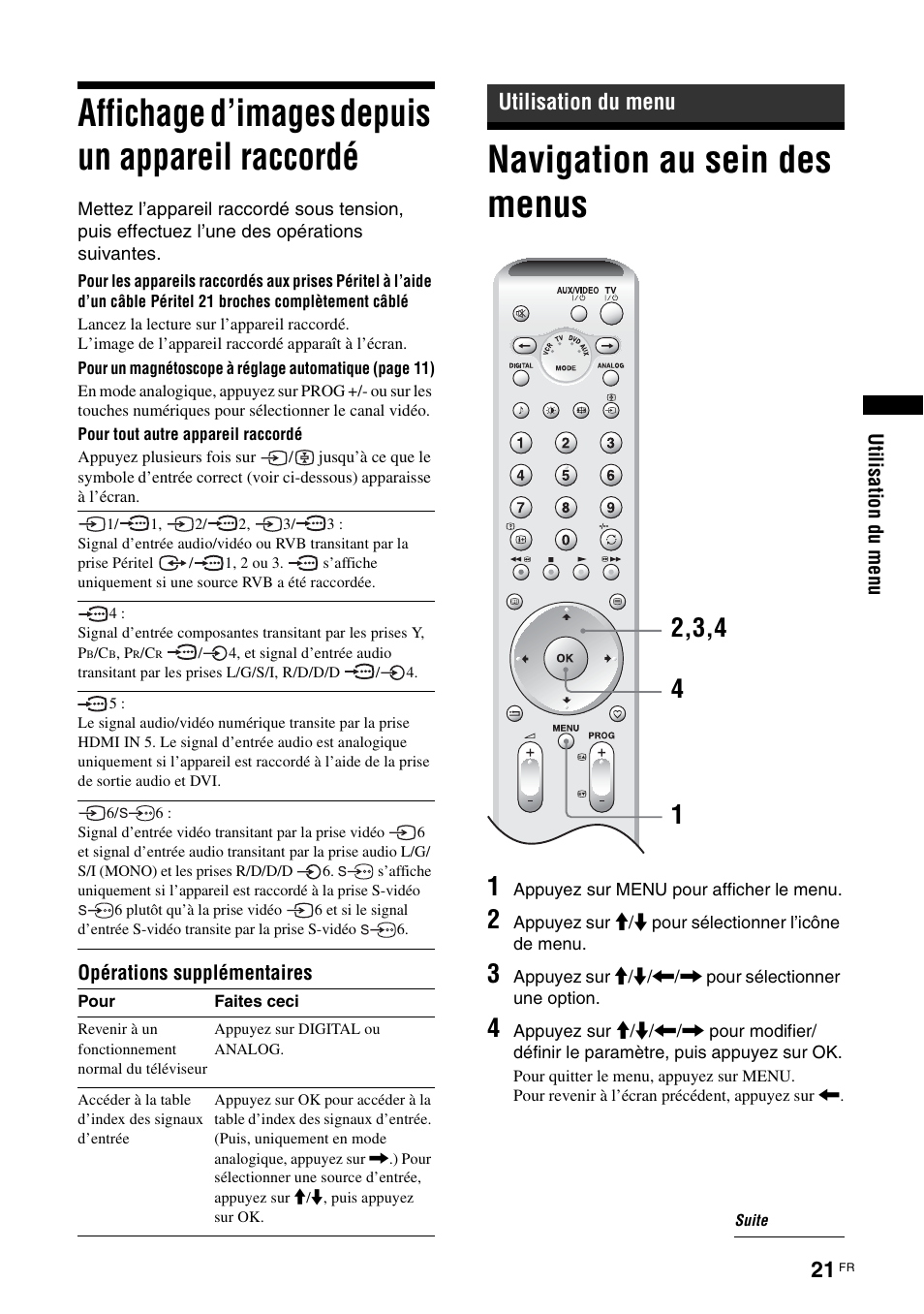 Affichage d’images depuis un appareil raccordé, Utilisation du menu, Navigation au sein des menus | Affichage d’images depuis un appareil, Raccordé | Sony KDL-V32A11E User Manual | Page 113 / 192