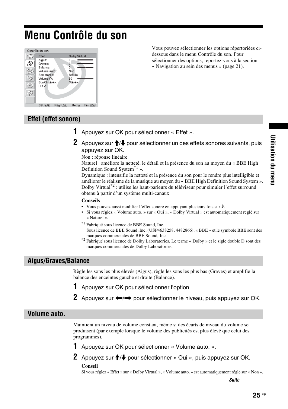 Menu contrôle du son, Effet (effet sonore), Aigus/graves/balance | Volume auto | Sony KDL-V32A11E User Manual | Page 117 / 192