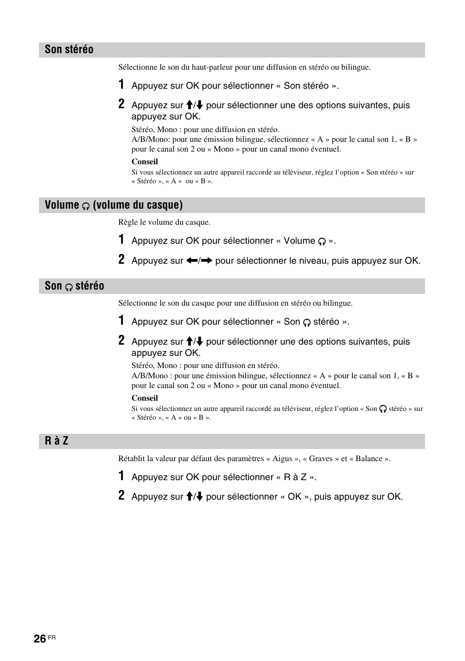 Son stéréo, Volume (volume du casque), R à z | Son stéréo volume, Volume du casque), Stéréo, O (26), À z (26) | Sony KDL-V32A11E User Manual | Page 118 / 192