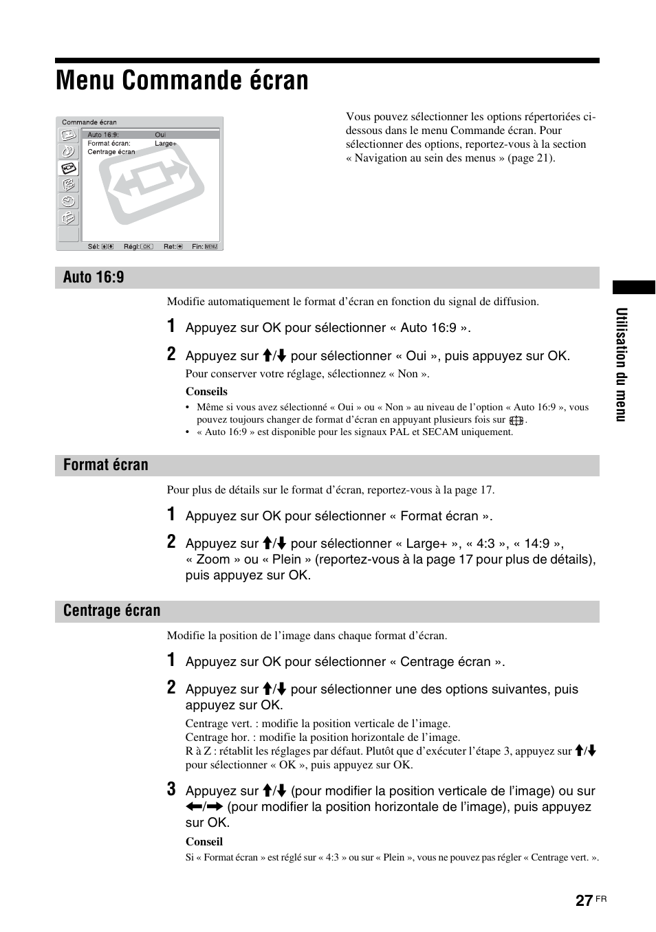 Menu commande écran, Auto 16:9, Format écran | Centrage écran, Auto 16:9 format écran centrage écran, N (27) | Sony KDL-V32A11E User Manual | Page 119 / 192