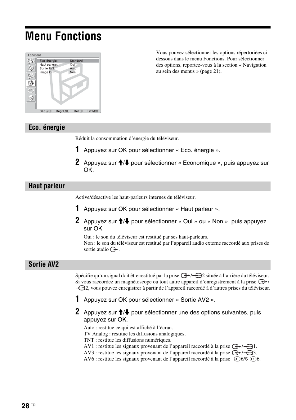 Menu fonctions, Eco. énergie, Haut parleur | Sortie av2, Eco. énergie haut parleur sortie av2, R (28) | Sony KDL-V32A11E User Manual | Page 120 / 192