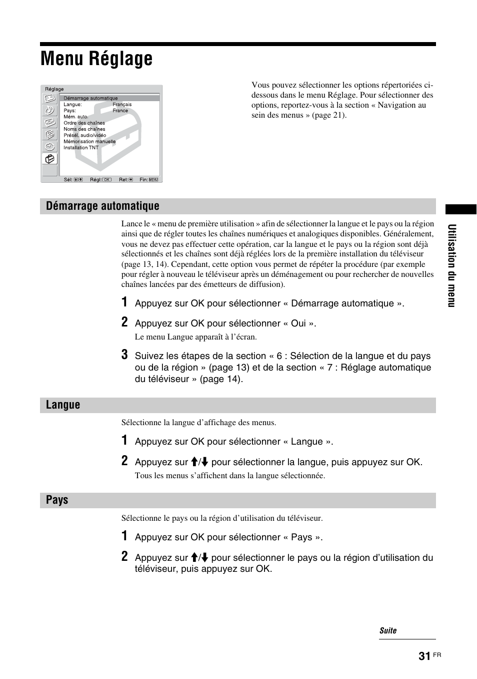 Menu réglage, Démarrage automatique, Langue | Pays, Démarrage automatique langue pays, E (31), Ys (31) | Sony KDL-V32A11E User Manual | Page 123 / 192