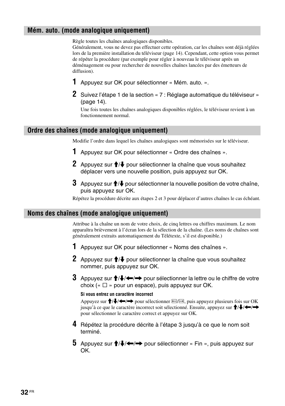 Mém. auto. (mode analogique uniquement), Ordre des chaînes (mode analogique uniquement), Noms des chaînes (mode analogique uniquement) | Mode analogique uniquement), Noms des chaînes, S (32) | Sony KDL-V32A11E User Manual | Page 124 / 192