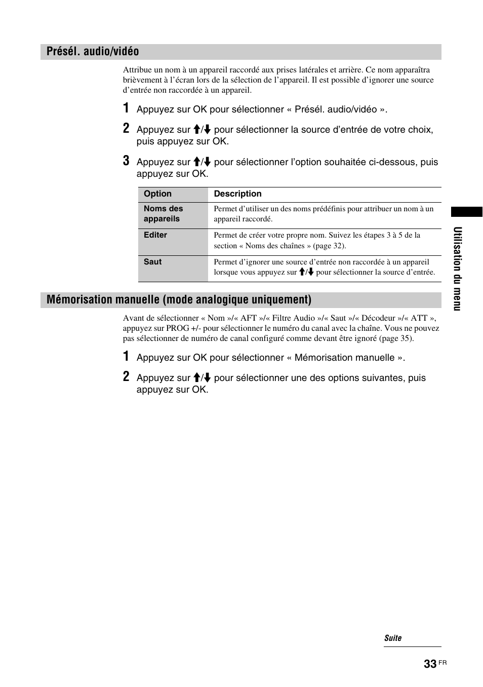 Présél. audio/vidéo, Mémorisation manuelle (mode analogique uniquement), Présél. audio/vidéo mémorisation manuelle | Mode analogique uniquement), O (33), Le (33) | Sony KDL-V32A11E User Manual | Page 125 / 192
