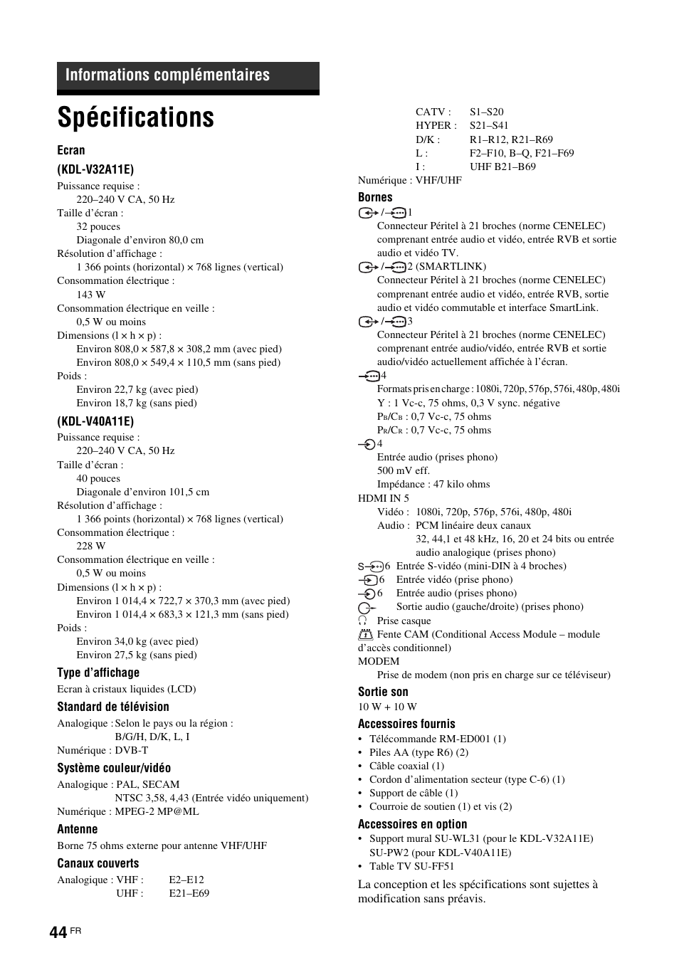 Informations complémentaires, Spécifications | Sony KDL-V32A11E User Manual | Page 136 / 192