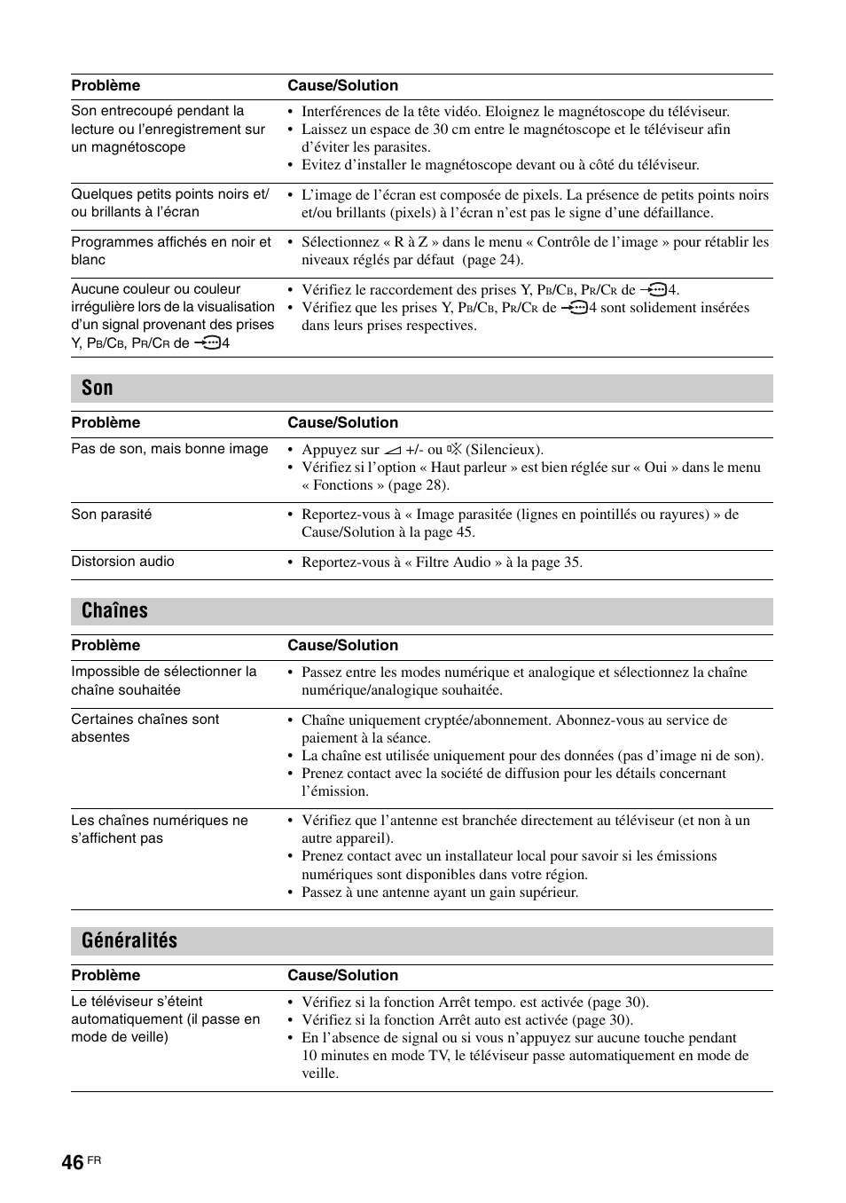 Chaînes, Généralités | Sony KDL-V32A11E User Manual | Page 138 / 192
