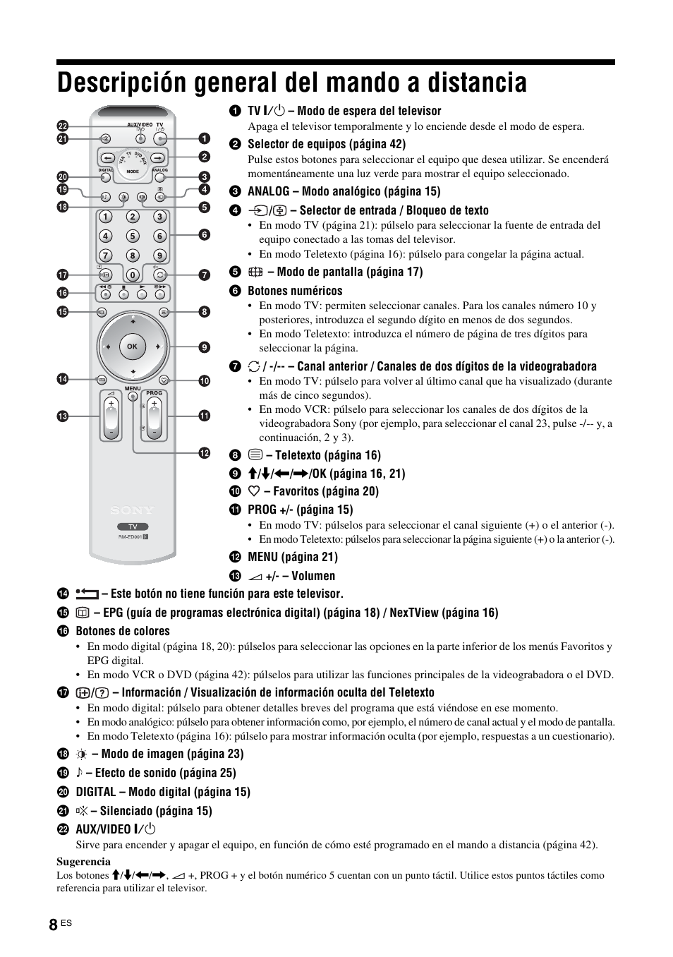 Descripción general del mando a distancia, Descripción general del mando a, Distancia | Sony KDL-V32A11E User Manual | Page 148 / 192