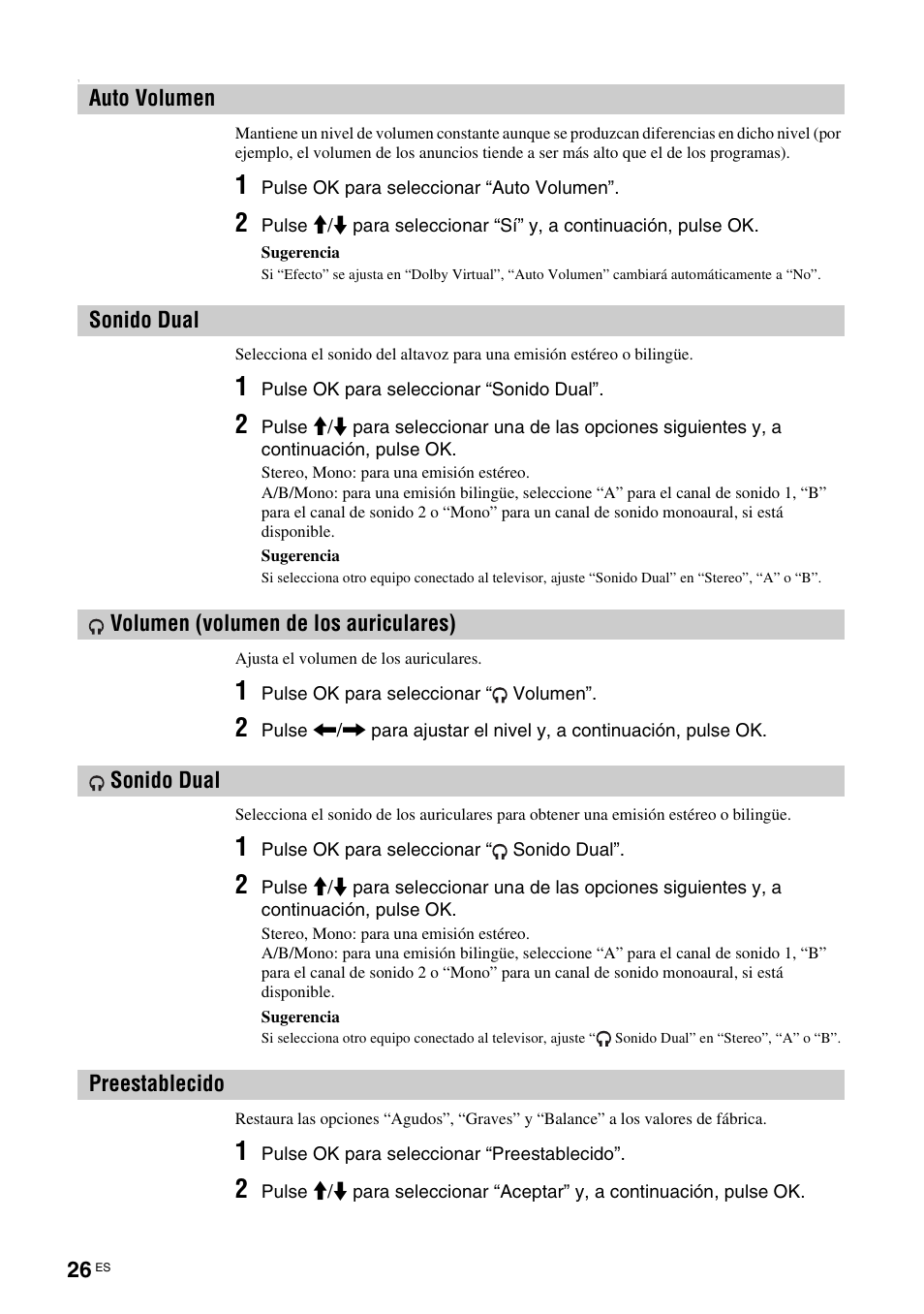 Auto volumen, Sonido dual, Volumen (volumen de los auriculares) | Preestablecido, Auto volumen sonido dual, Volumen (volumen de los auriculares) sonido dual, En (26), N (26) | Sony KDL-V32A11E User Manual | Page 166 / 192