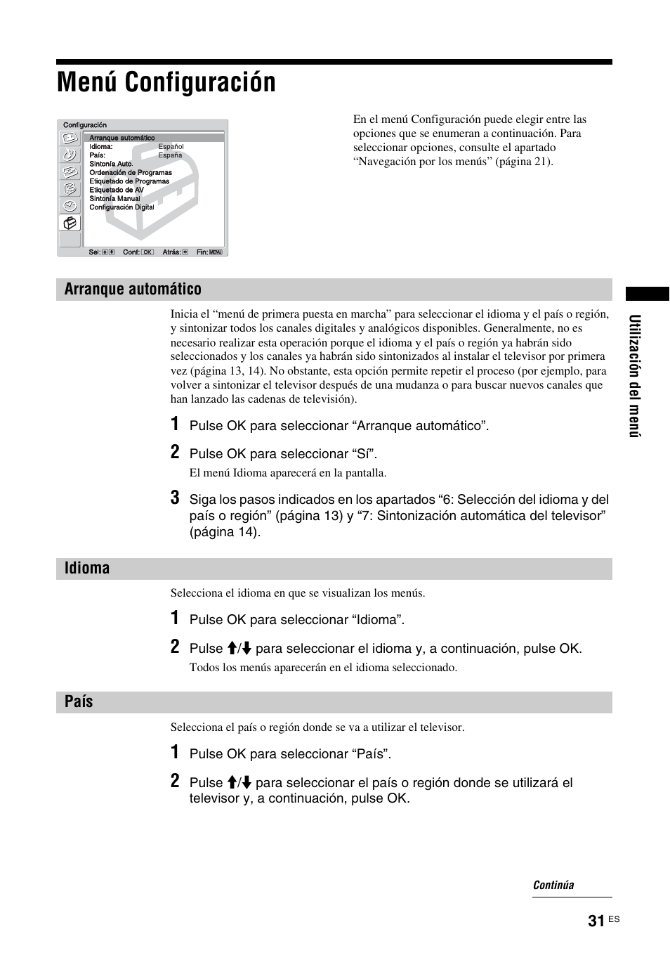 Menú configuración, Arranque automático, Idioma | País, Arranque automático idioma país, A (31) | Sony KDL-V32A11E User Manual | Page 171 / 192