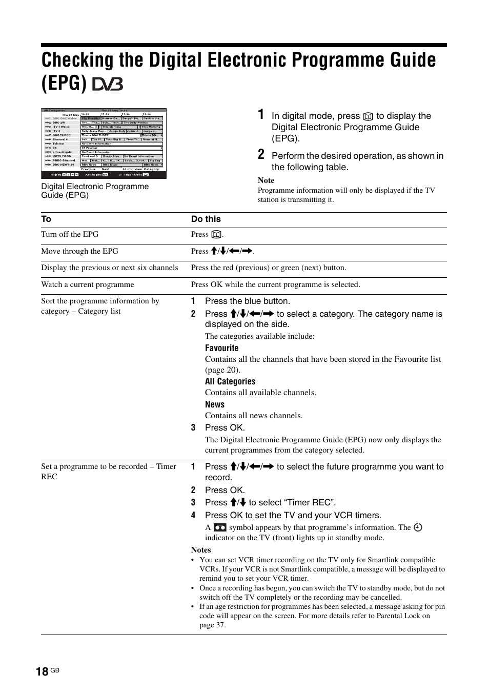 Checking the digital electronic programme, Guide (epg) | Sony KDL-V32A11E User Manual | Page 18 / 192