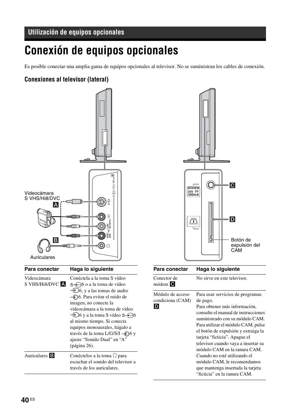 Utilización de equipos opcionales, Conexión de equipos opcionales, Conexiones al televisor (lateral) | Sony KDL-V32A11E User Manual | Page 180 / 192
