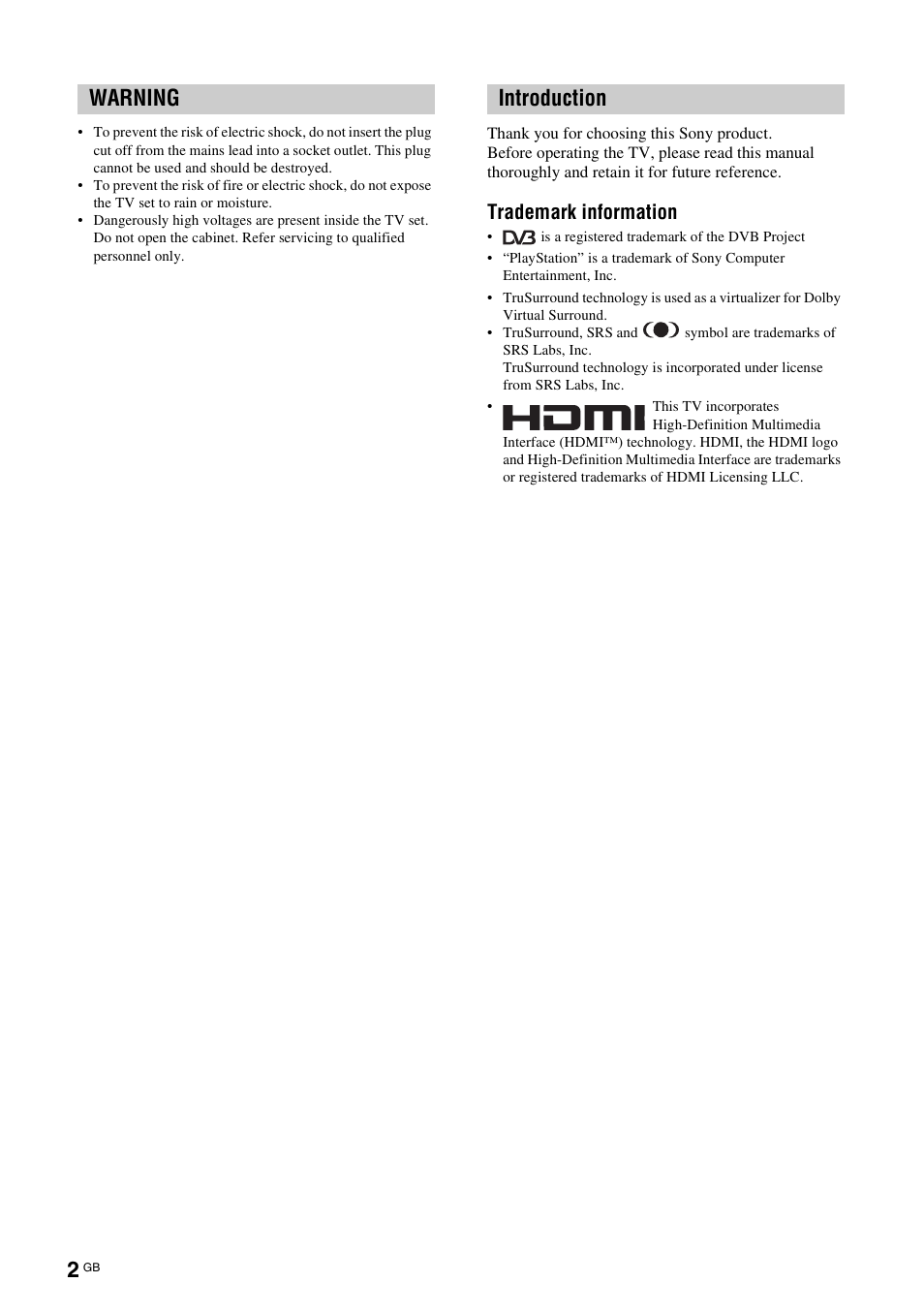 Warning introduction, Trademark information | Sony KDL-V32A11E User Manual | Page 2 / 192