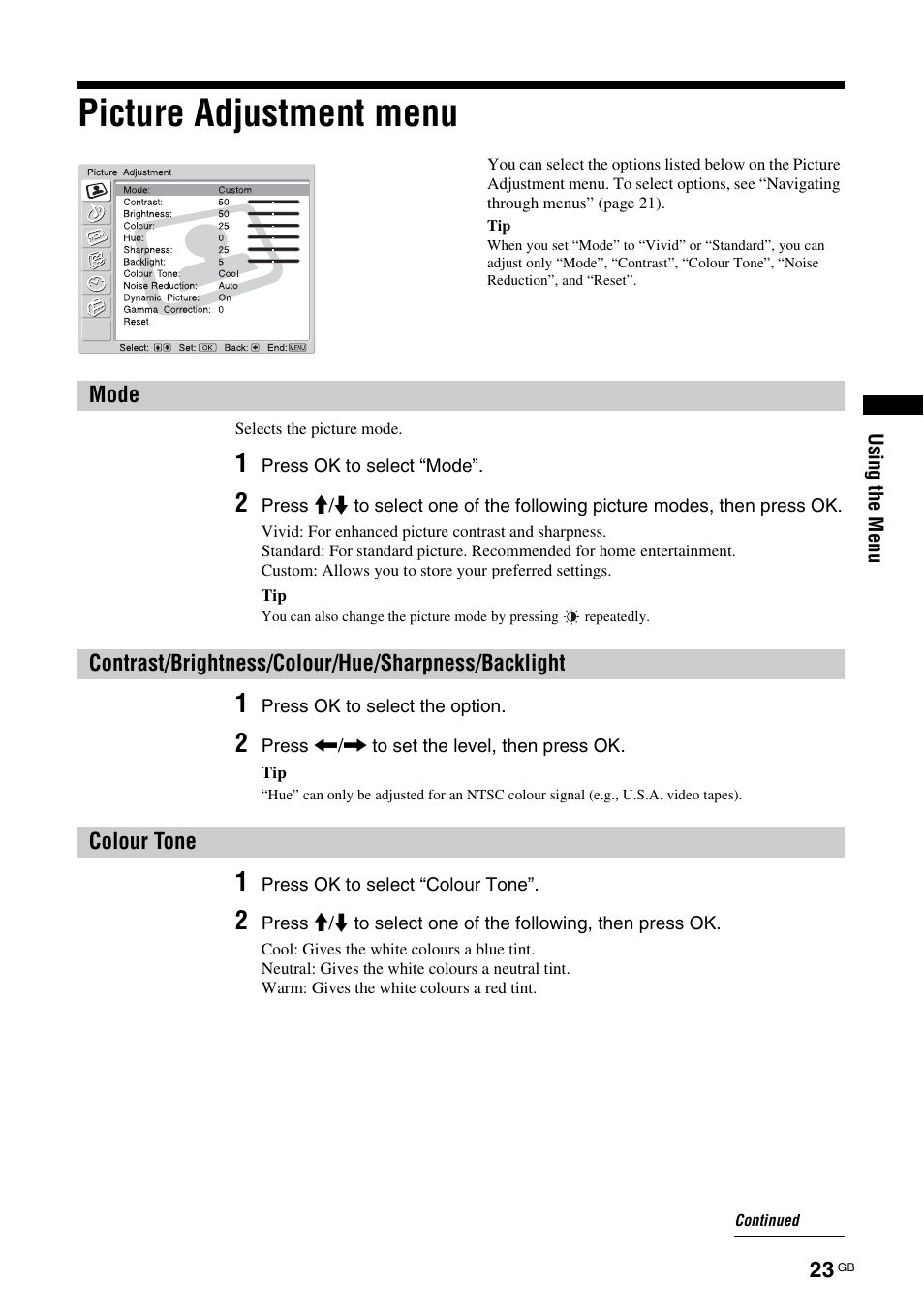 Picture adjustment menu, Mode, Contrast/brightness/colour/hue/sharpness/backlight | Colour tone, Mode contrast/brightness/colour/hue/sharpness, Backlight, T (23), Ne (23) | Sony KDL-V32A11E User Manual | Page 23 / 192