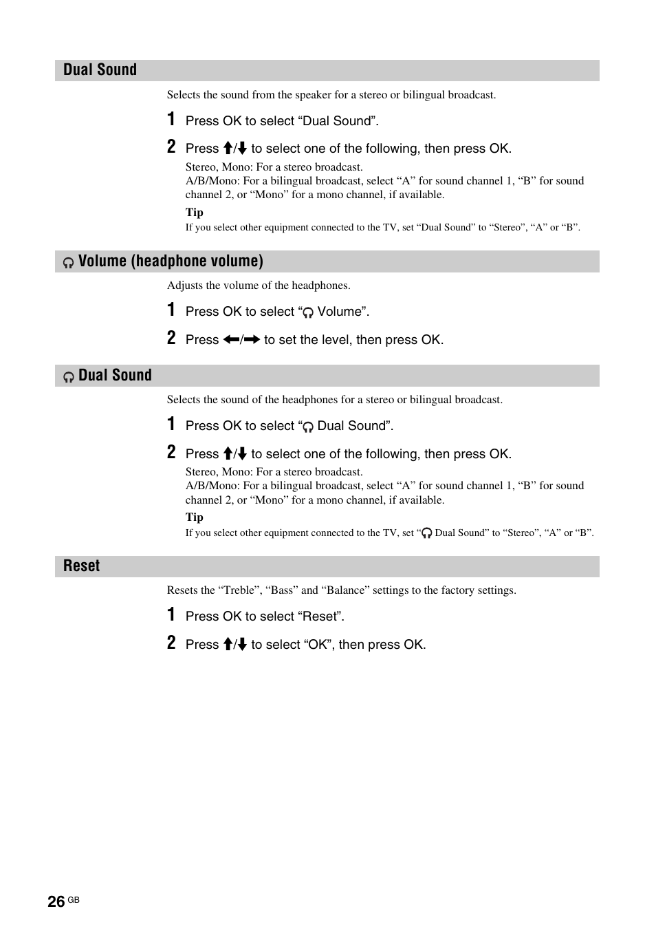 Dual sound, Volume (headphone volume), Reset | T (26) | Sony KDL-V32A11E User Manual | Page 26 / 192