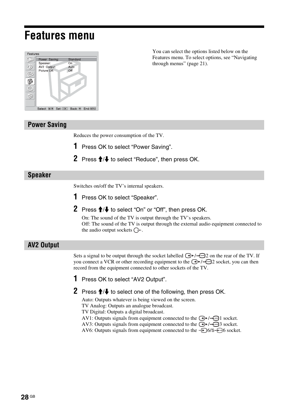 Features menu, Power saving, Speaker | Av2 output, Power saving speaker av2 output, R (28) | Sony KDL-V32A11E User Manual | Page 28 / 192