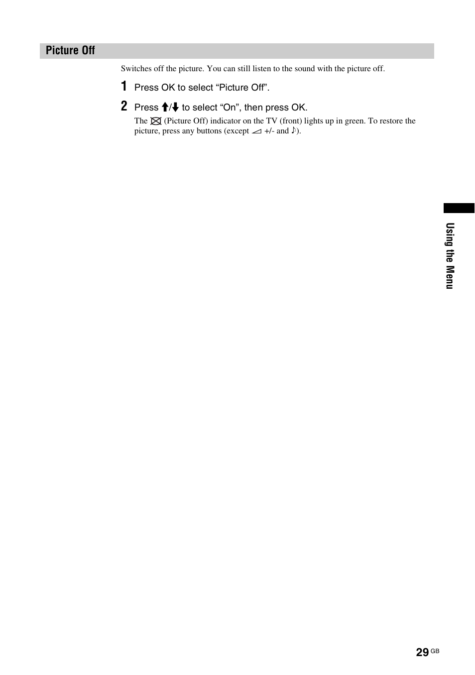 Picture off | Sony KDL-V32A11E User Manual | Page 29 / 192