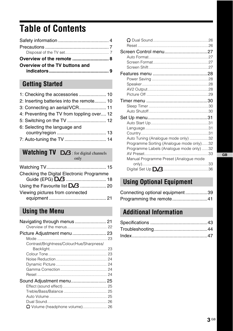 Sony KDL-V32A11E User Manual | Page 3 / 192