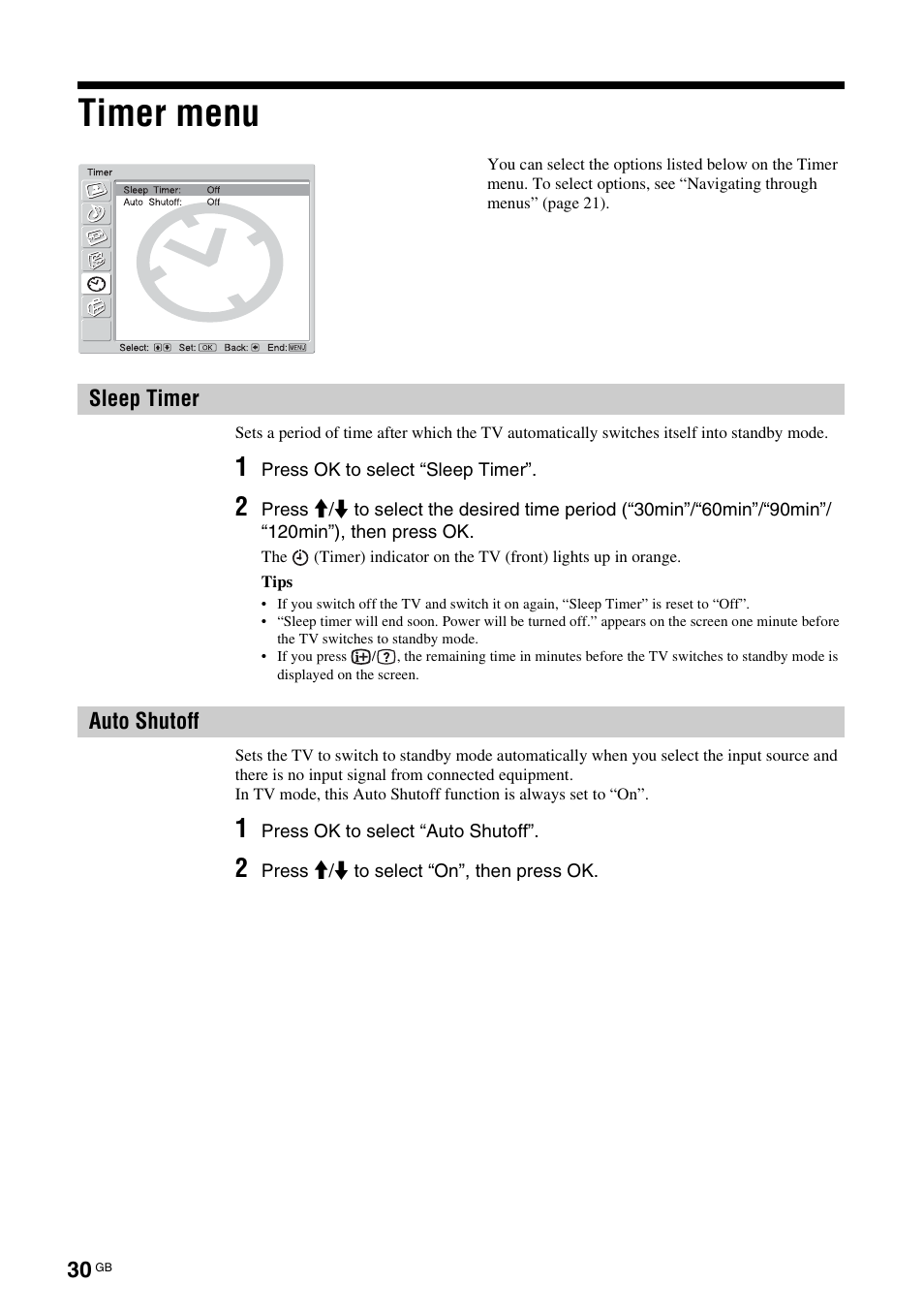 Timer menu, Sleep timer, Auto shutoff | Sleep timer auto shutoff, R (30), F (30) | Sony KDL-V32A11E User Manual | Page 30 / 192