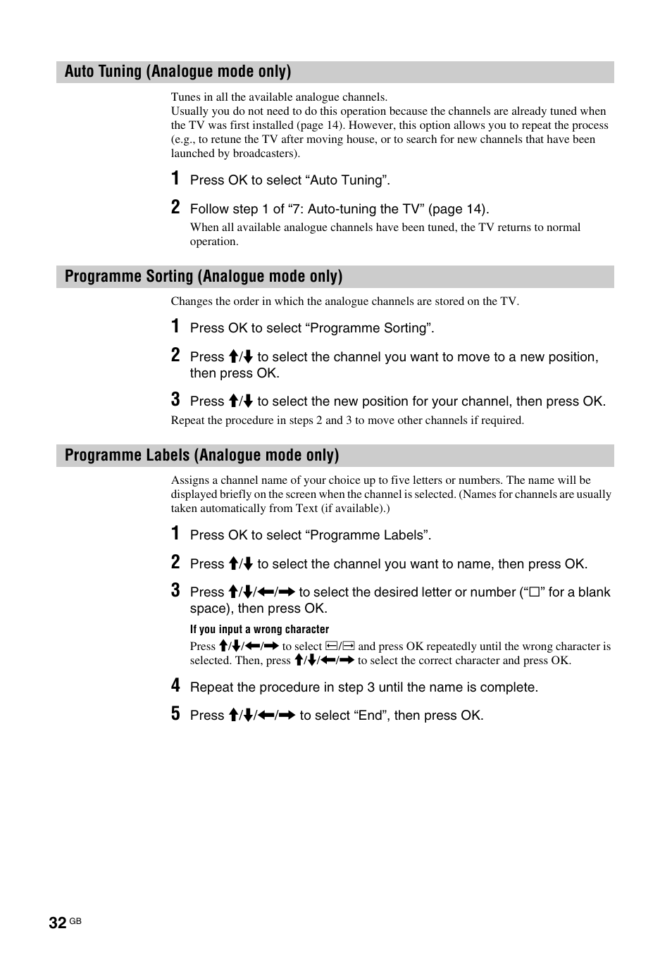 Auto tuning (analogue mode only), Programme sorting (analogue mode only), Programme labels (analogue mode only) | G (32) | Sony KDL-V32A11E User Manual | Page 32 / 192