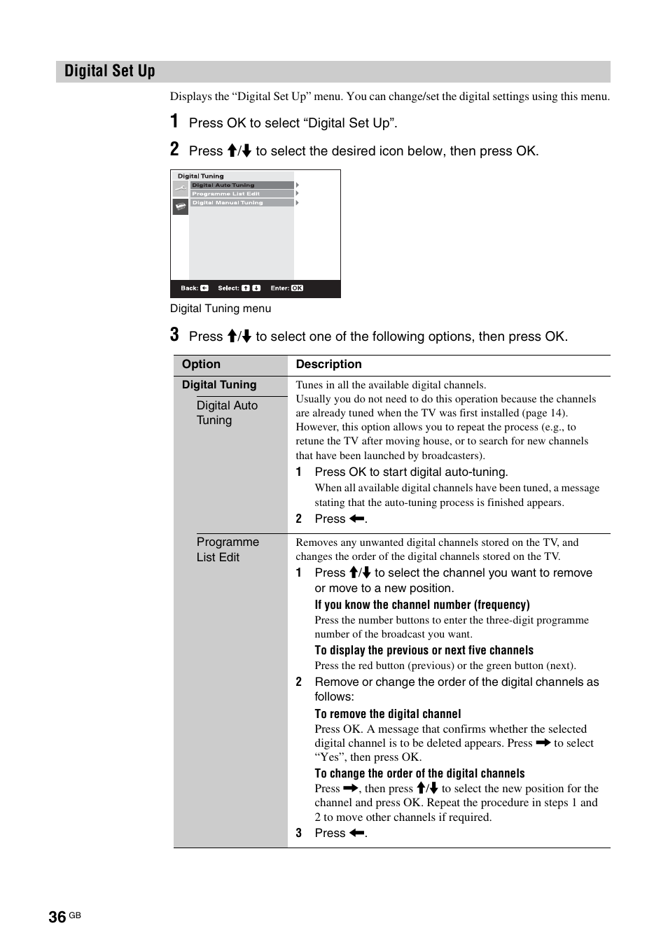 Digital set up, Up (36) | Sony KDL-V32A11E User Manual | Page 36 / 192