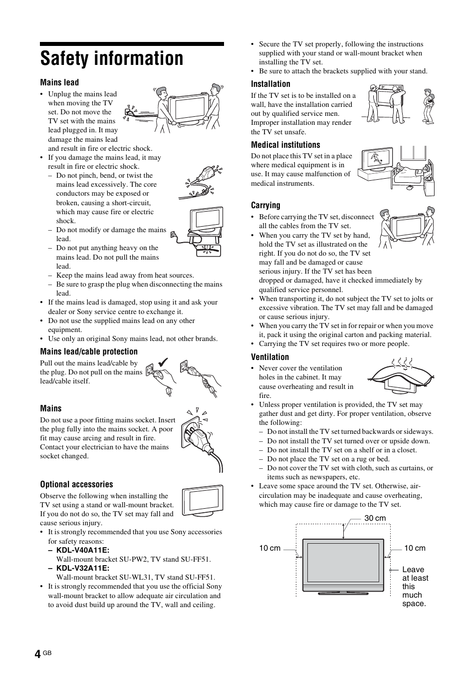 Safety information | Sony KDL-V32A11E User Manual | Page 4 / 192