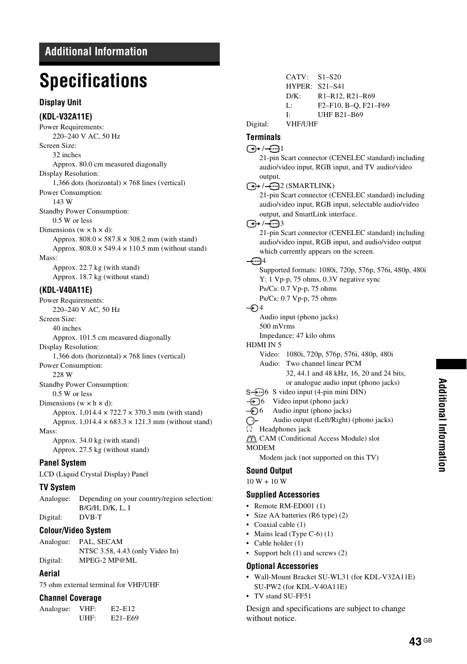 Additional information, Specifications | Sony KDL-V32A11E User Manual | Page 43 / 192
