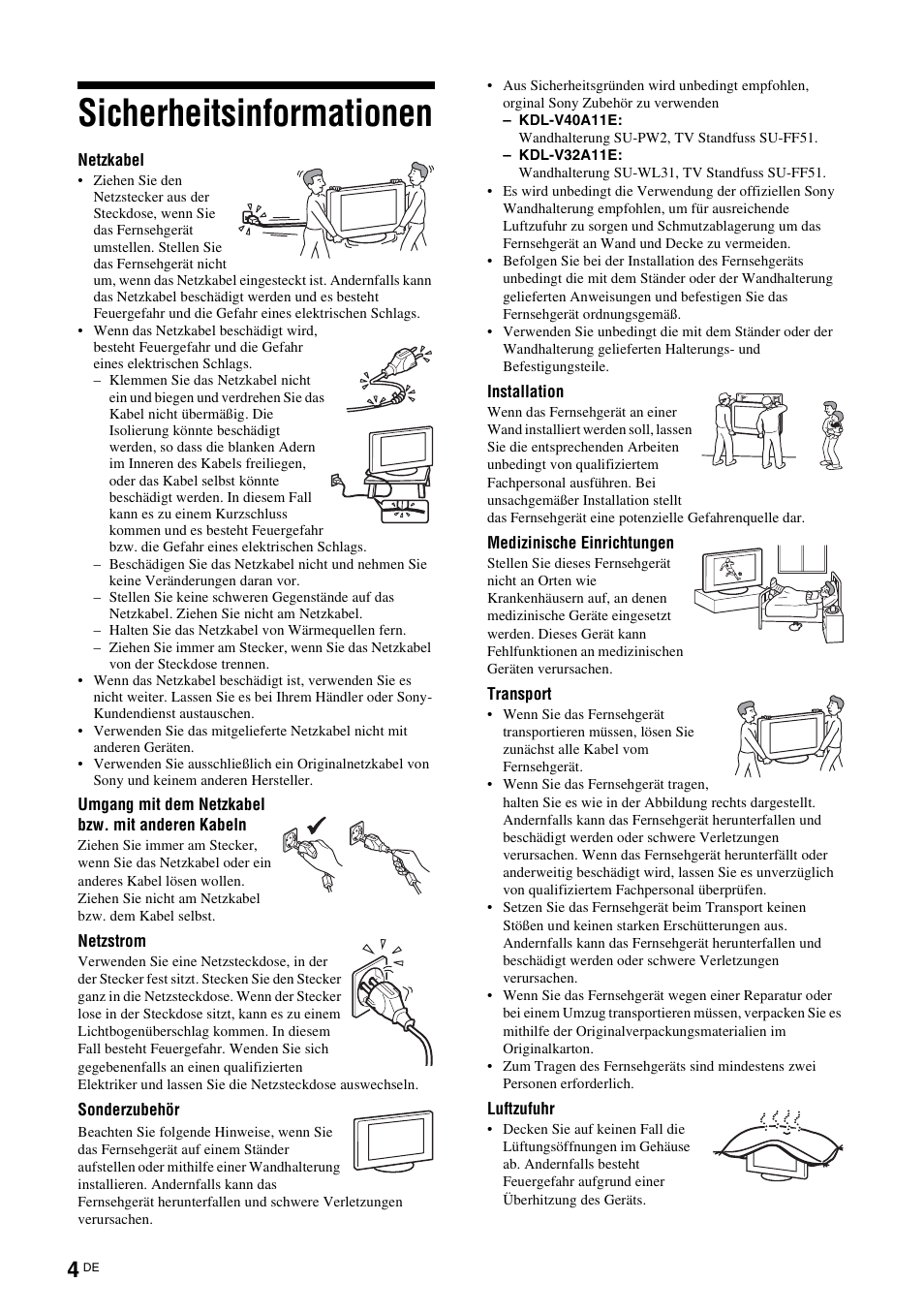 Sicherheitsinformationen | Sony KDL-V32A11E User Manual | Page 50 / 192