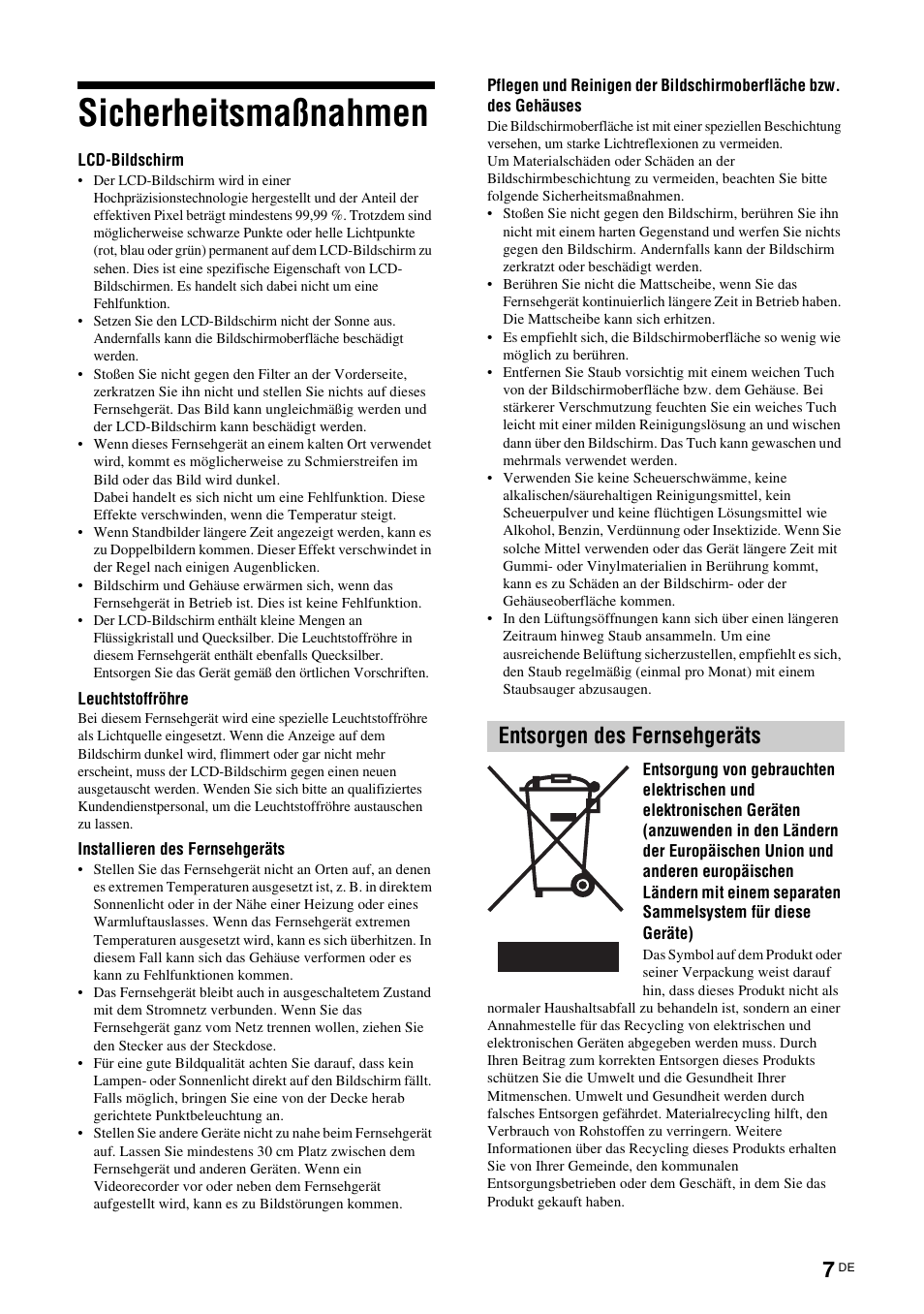 Sicherheitsmaßnahmen, Entsorgen des fernsehgeräts | Sony KDL-V32A11E User Manual | Page 53 / 192