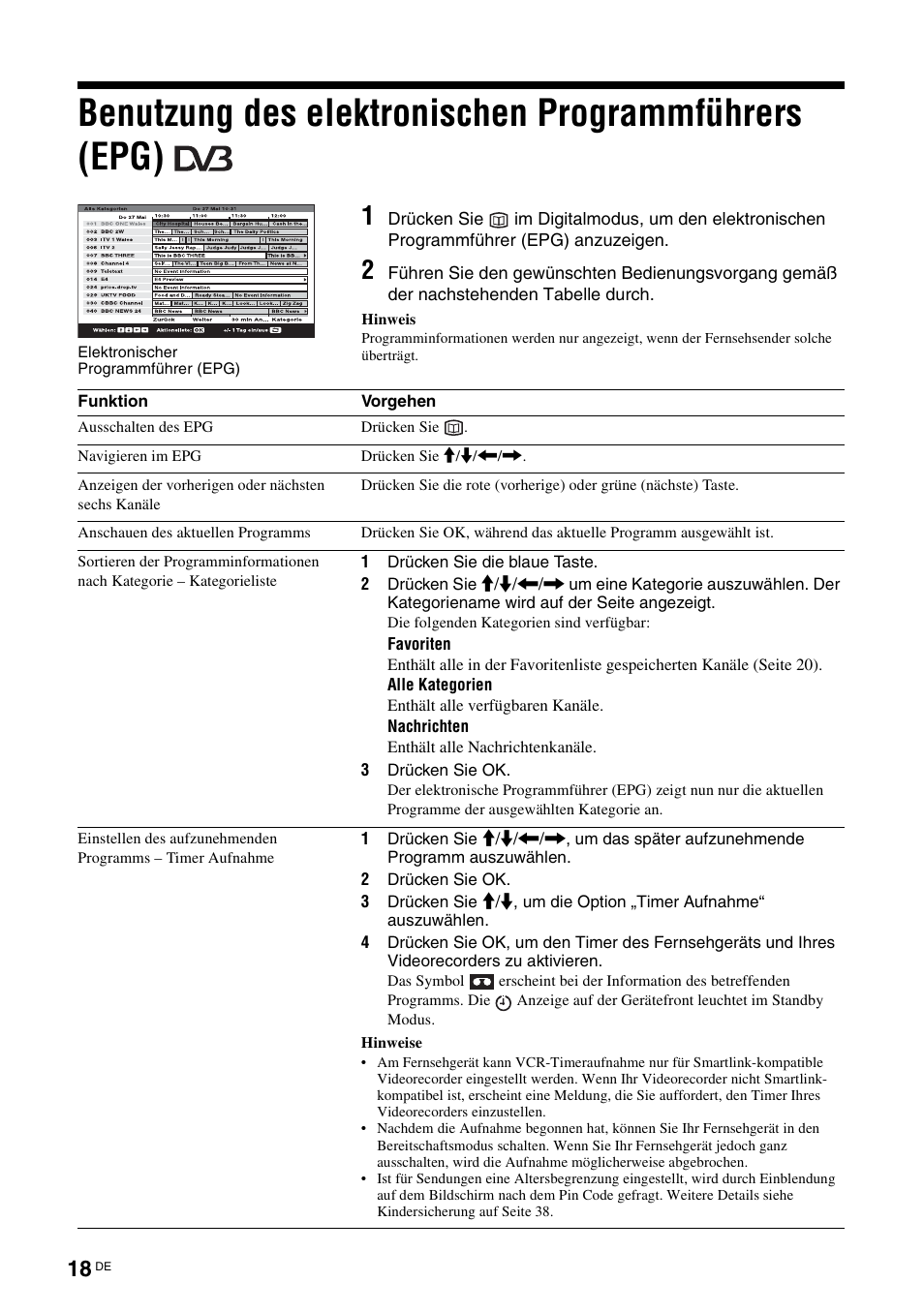 Benutzung des elektronischen programmführers (epg), Benutzung des elektronischen, Programmführers (epg) | R) (seite 18) / ne, Seite 18 | Sony KDL-V32A11E User Manual | Page 64 / 192
