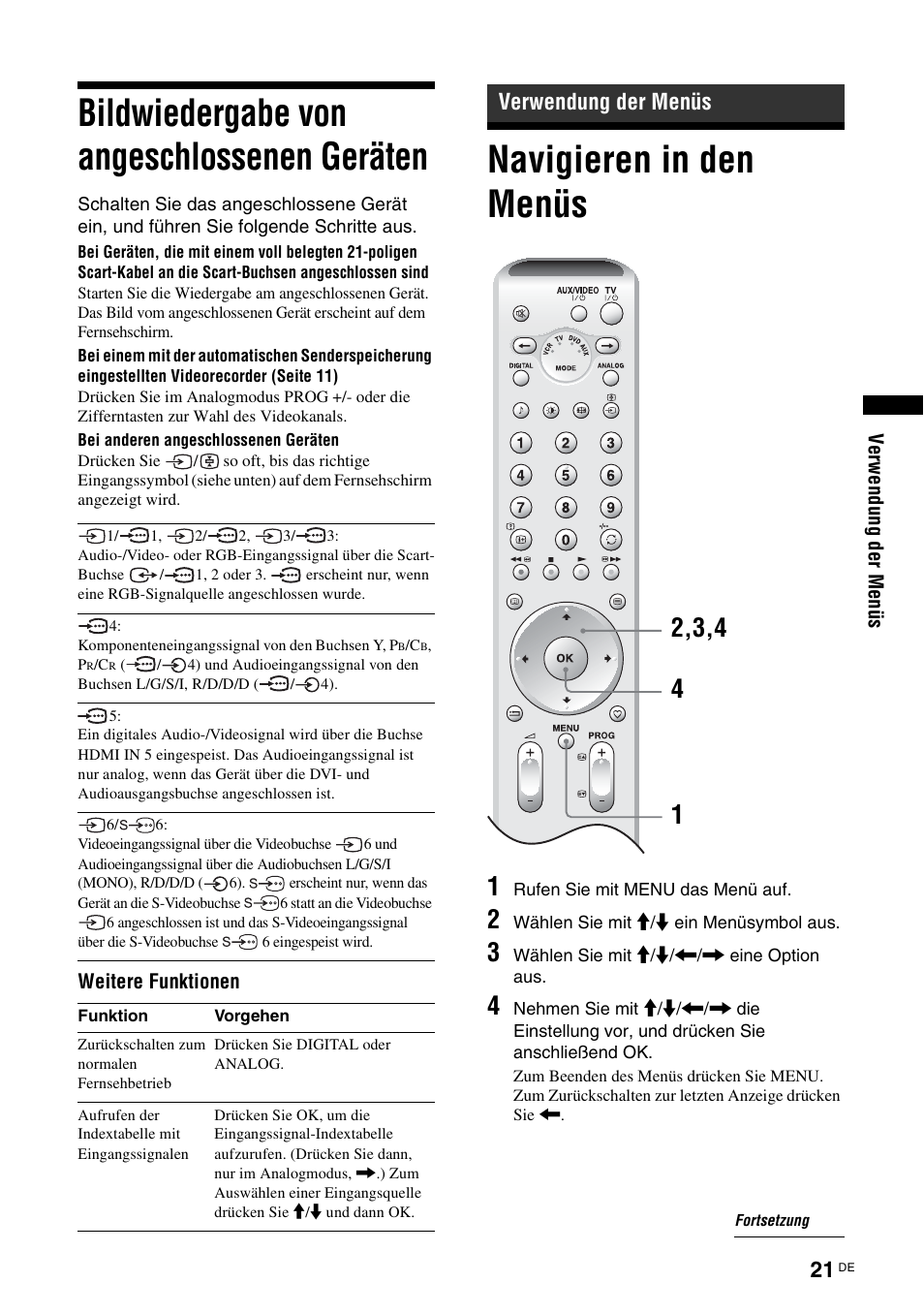 Bildwiedergabe von angeschlossenen geräten, Verwendung der menüs, Navigieren in den menüs | Bildwiedergabe von angeschlossenen, Geräten, Seite 21) | Sony KDL-V32A11E User Manual | Page 67 / 192