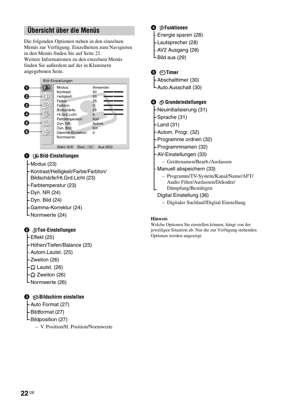 Übersicht über die menüs | Sony KDL-V32A11E User Manual | Page 68 / 192