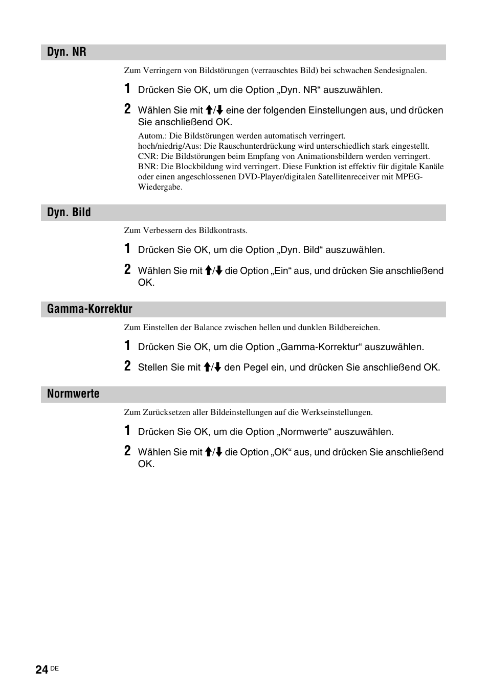 Dyn. nr, Dyn. bild, Gamma-korrektur | Normwerte, Dyn. nr dyn. bild gamma-korrektur normwerte, Tur (24), Te (24) | Sony KDL-V32A11E User Manual | Page 70 / 192