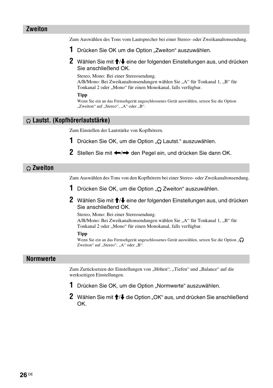 Zweiton, Lautst. (kopfhörerlautstärke), Normwerte | Lautst. (kopfhörerlautstärke) zweiton, N (26), T. (26), On (26), Te (26) | Sony KDL-V32A11E User Manual | Page 72 / 192