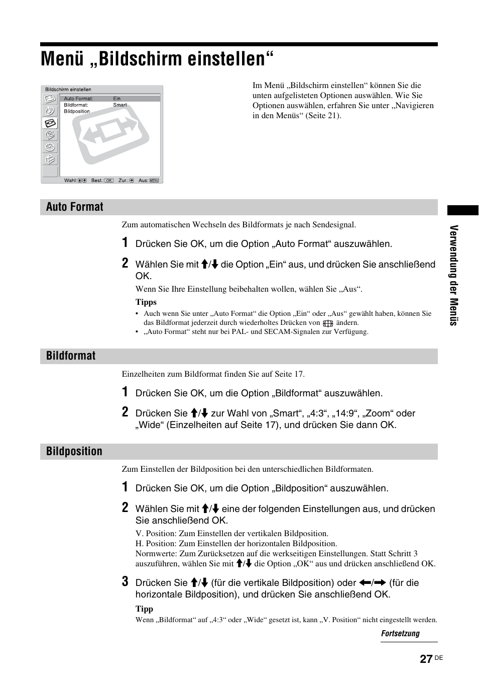 Menü „bildschirm einstellen, Auto format, Bildformat | Bildposition, Auto format bildformat bildposition, T (27), On (27) | Sony KDL-V32A11E User Manual | Page 73 / 192