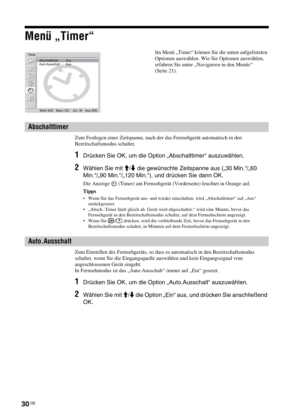 Menü „timer, Abschalttimer, Auto.ausschalt | Abschalttimer auto.ausschalt, T (seite 30), Er (30) | Sony KDL-V32A11E User Manual | Page 76 / 192