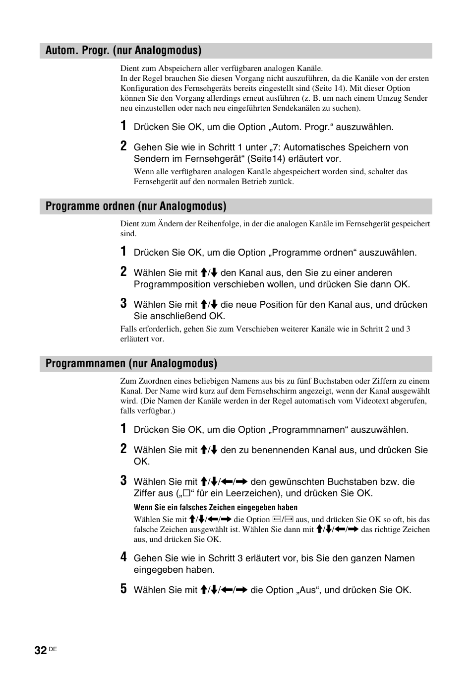 Autom. progr. (nur analogmodus), Programme ordnen (nur analogmodus), Programmnamen (nur analogmodus) | N (32) | Sony KDL-V32A11E User Manual | Page 78 / 192