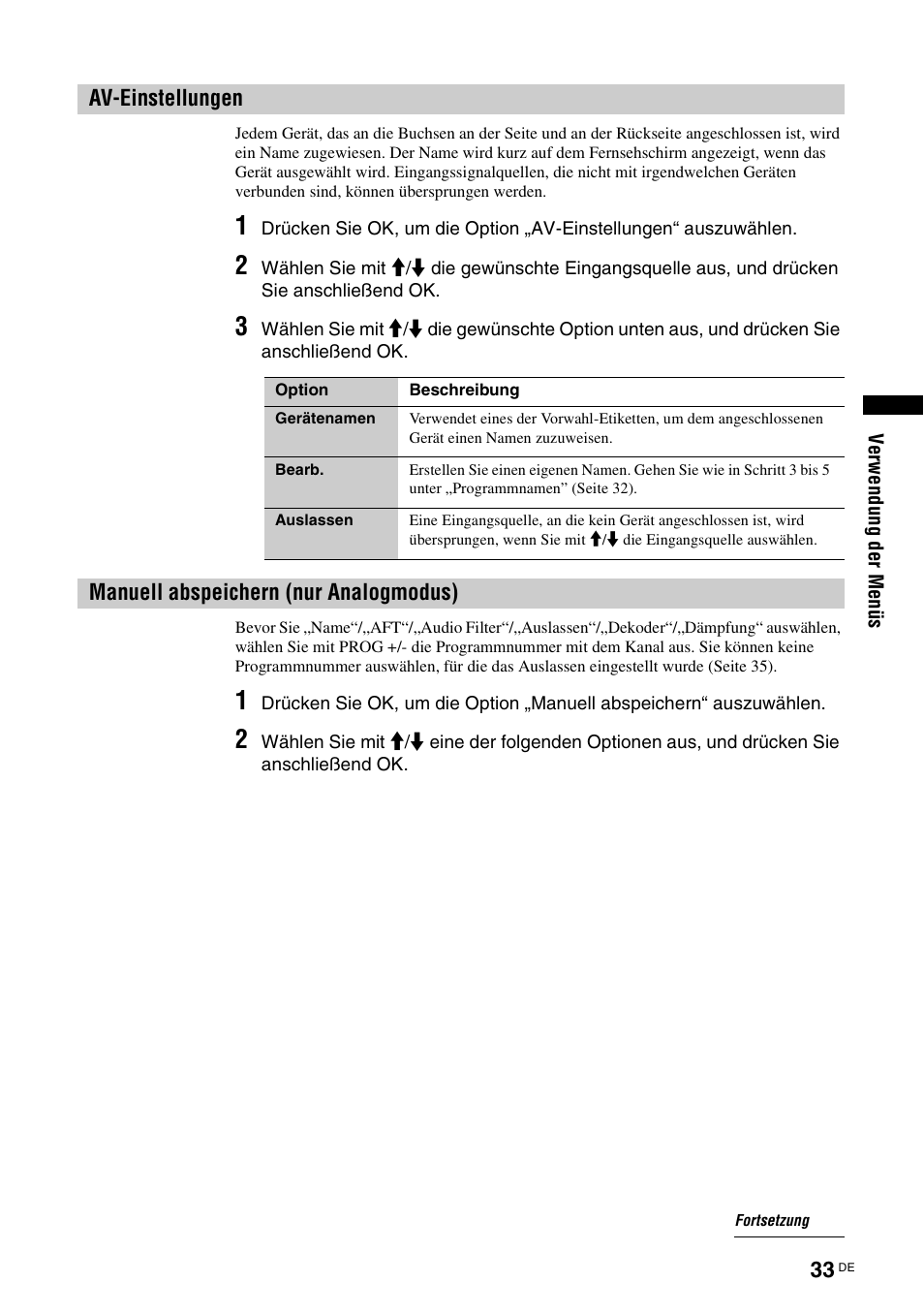 Av-einstellungen, Manuell abspeichern (nur analogmodus) | Sony KDL-V32A11E User Manual | Page 79 / 192