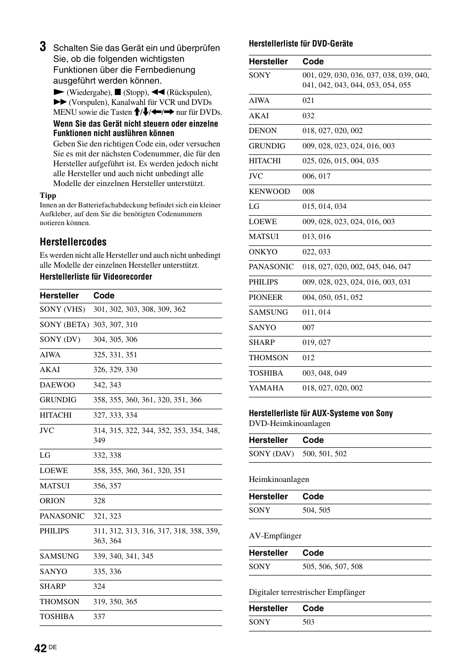 Herstellercodes“ auf, Ite 42, Seite 42) | Herstellercodes | Sony KDL-V32A11E User Manual | Page 88 / 192