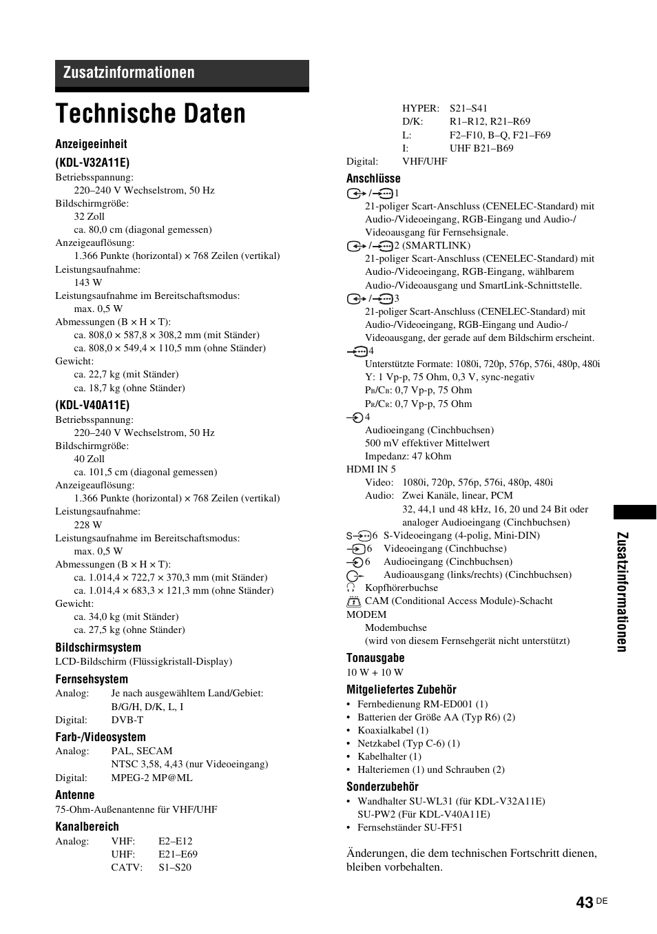 Zusatzinformationen, Technische daten, Zu sat zi nfo rmat io nen | Sony KDL-V32A11E User Manual | Page 89 / 192