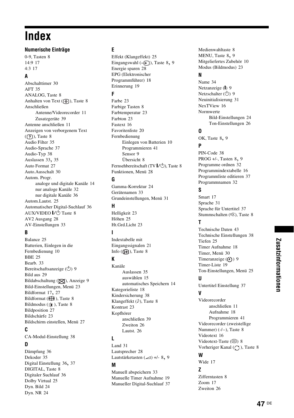Index, Zu sat zi nfo rmat io nen | Sony KDL-V32A11E User Manual | Page 93 / 192