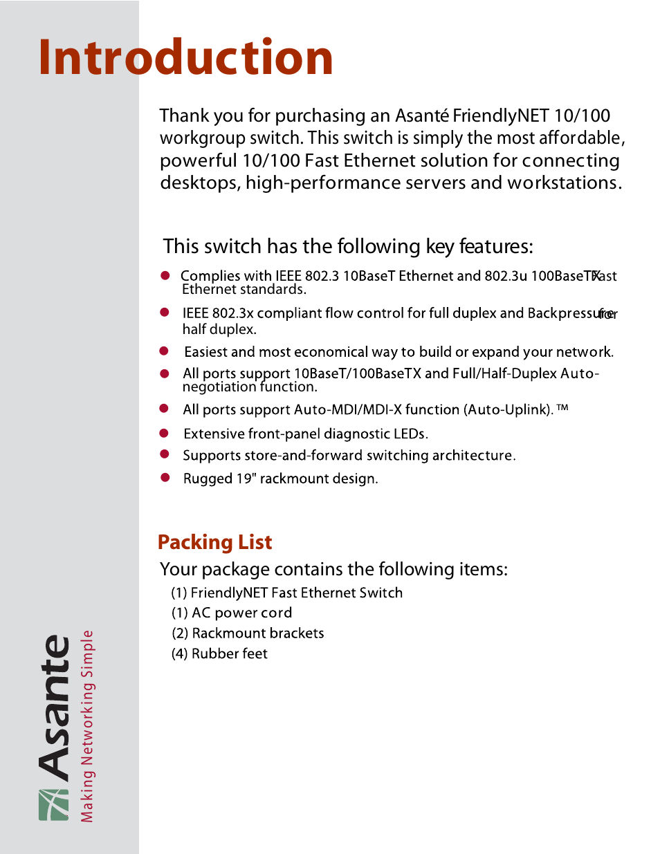Introduction | Asante Technologies FRIENDLYNET FS4124R User Manual | Page 2 / 6